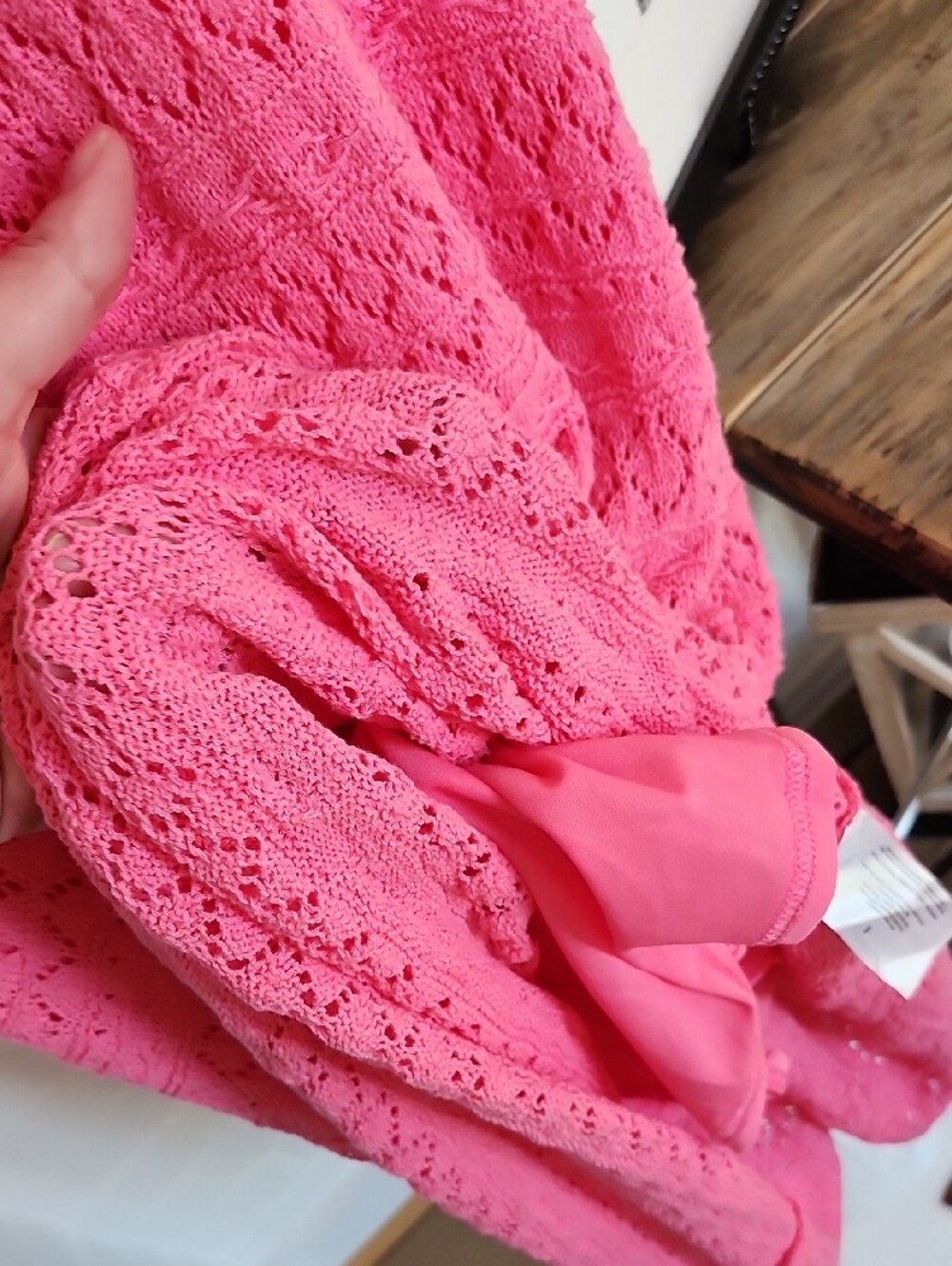 Pink Crochet Maxi Dress with Orange Trim, Small - Picture 7 of 9